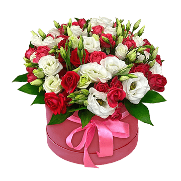 Rosas y lisianthus en caja
