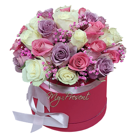 Rosas multicolores en una caja