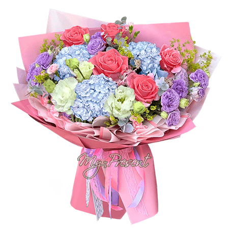 Ramo de hortensias, rosas y lisianthus