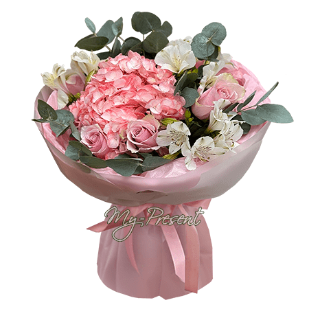Ramo de rosas, hortensias y alstroemerias