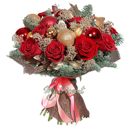 Ramo de rosas de Navidad adornado con adornos navideños