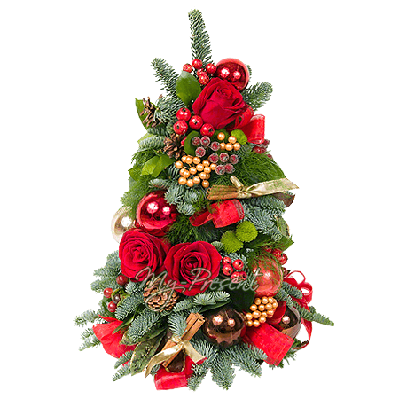 Arreglo de año nuevo con rosas en forma de arbol de Navidad